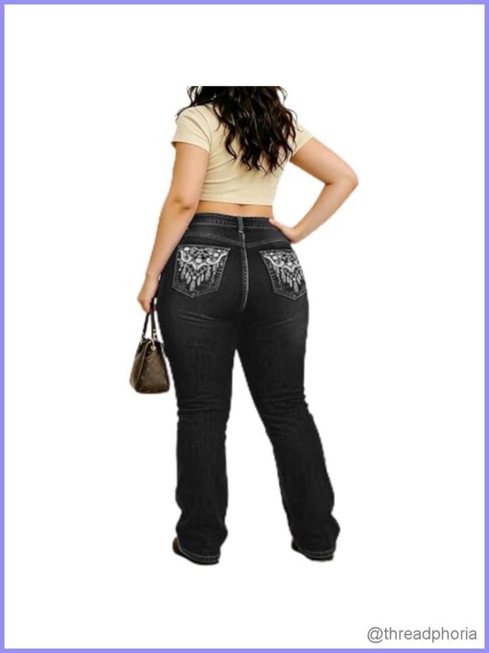 Plus Size High Waisted Bell Bottom Jeans with Floral Embroidery Boot Cut